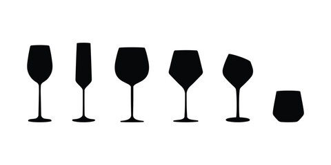 Wine glass silhouette collection, different wine glass icons isolated. Bottles of various sizes. Contours of glass for water, alcohol & cocktails – vector