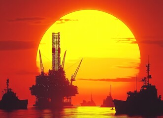 oil rig in the distance against an orange sunset sky