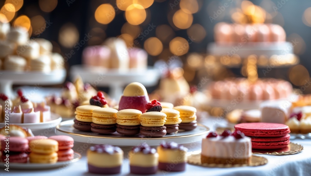 Poster elegant display of assorted pastries and macarons at a festive dessert table with soft lighting