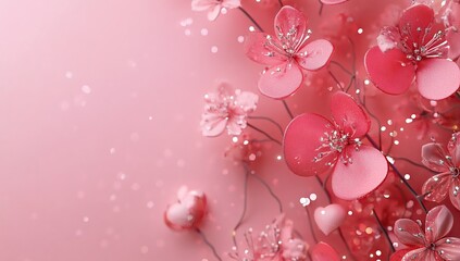 Fototapeta premium A pink Valentine's Day background with heart-shaped flowers and sparkling lights