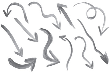 Grunge hand drawn arrows, freehand brush paint, isolated, vector.