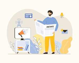 Outbound marketing concept. Business product promotion. Promote goods and services through TV, phone calls, newspapers, flyers, mail. Flat vector illustration.	