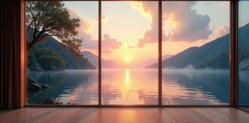 Serene Sunset Vista Through Expansive Window Panels in a Tranquil Lakeside Residence