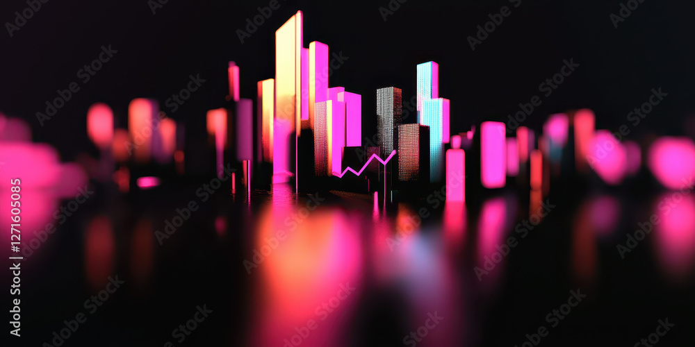 Poster explore a neon-inspired urban skyline: a captivating blend of modern architecture and dynamic data v