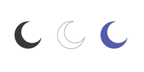 outline silhouette crescent moon icon set isolated on white background. Crescent moon icon on white background. Night icon. Crescent moon icon. Minimalist style.