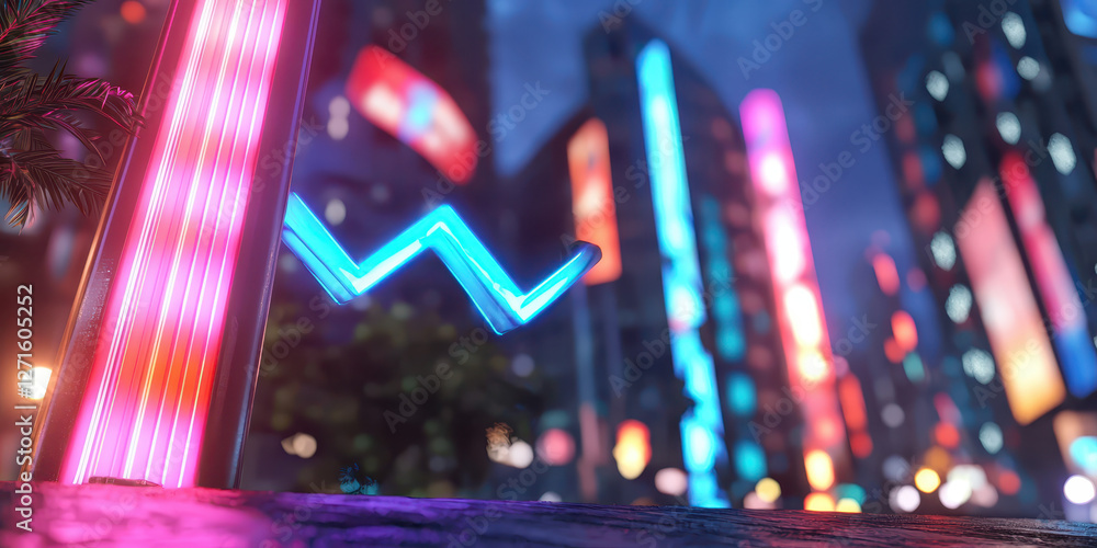 Poster exploring a futuristic urban landscape with vibrant neon lights and dynamic architecture in a captiv