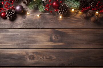 Rustic wooden board background adorned with Christmas ornaments including pinecones red berries and string lights