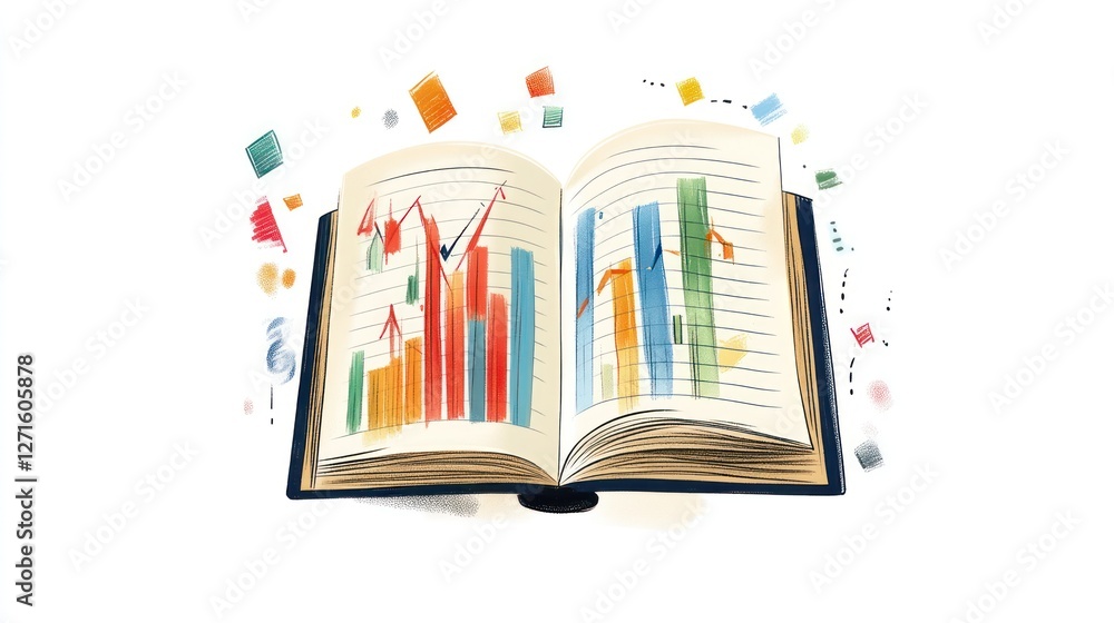 Poster open book displaying colorful bar and line graphs, symbolizing financial growth and knowledge.
