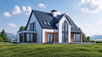 Obraz premium Modern architectural design of a beautiful house with natural surroundings and blue sky in a scenic landscape.