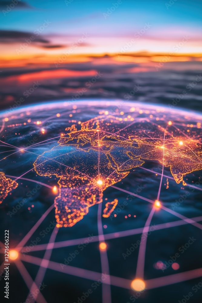 Poster global connectivity network over earth at sunset - digital world map illuminated by lights and data 