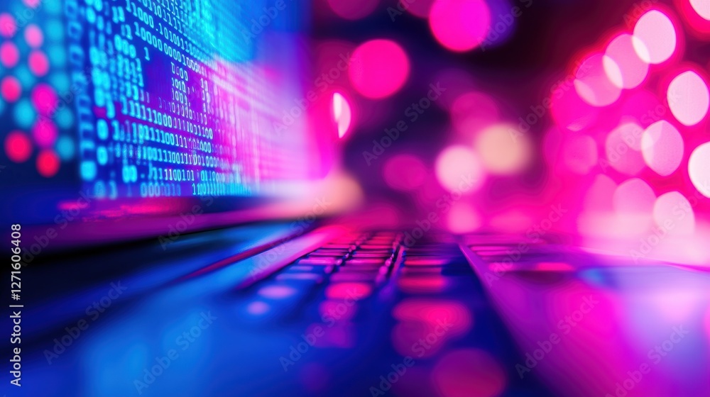 Aufkleber glowing laptop with colorful digital code and abstract bokeh lights, ideal for technology, cybersecu