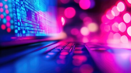 Glowing laptop with colorful digital code and abstract bokeh lights, ideal for technology, cybersecurity, and data visualization themes