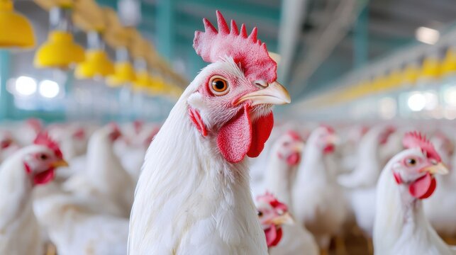 Birds flu effect. Close-up of a white chicken in a poultry farm with bright lighting and other chickens in the background.