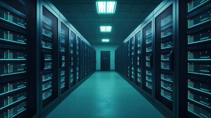 Fototapeta premium Futuristic Data Center Interior with Server Racks and Neon Lighting in a Technology Environment