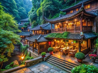 Obraz premium Antique Chinese Tavern in Wulong National Park Woods, Chongqing - Stock Photo