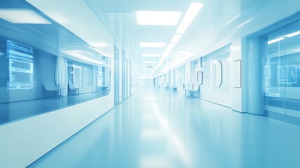 Obraz premium Tranquil Azure Hallway in a Modern Healthcare Environment