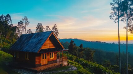 Fototapeta premium Serene wooden cabin on a hillside at sunset, surrounded by lush greenery and mountain