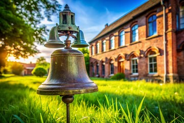 Obraz premium Antique School Bell in Sunny Courtyard - Nostalgia Stock Photo