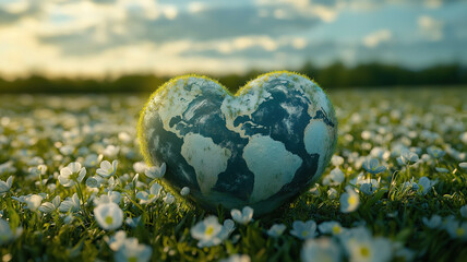 Heart shaped world on fresh green grass representing love for nature and earth protection