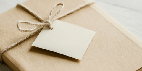 Simple brown paper wrapped gift with blank tag and rustic twine bow for holiday or special occasion