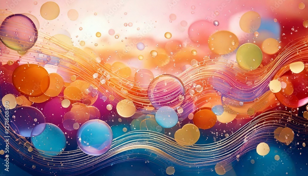 Poster a bubbly and fun abstract background with circles, waves, and sparkles in a mix of bright and soft t