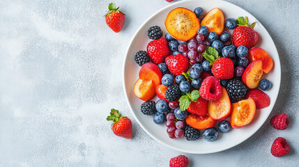 Assortment of fresh fruits and berries on a white plate, top view with selective focus and soft overhead light, featuring a clean and vibrant composition.