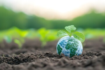 Nurturing Our Planet: A seedling sprout from a globe in a garden, symbolizing growth, and our shared responsibility for the environment.