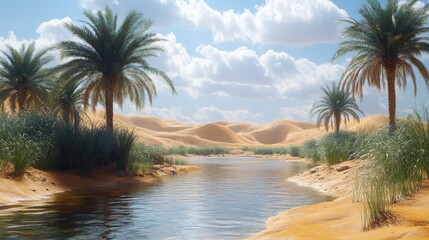 Obraz premium Oasis river, desert palms, dunes, sunlight, travel brochure