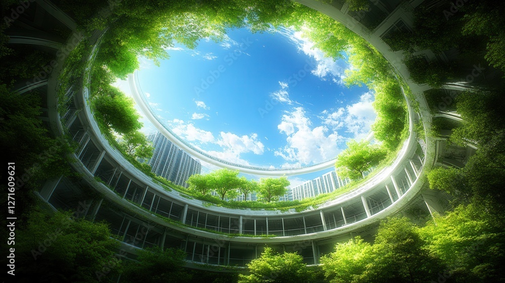 Poster a serene view of a circular garden, framed by greenery and a clear blue sky, creating a tranquil atm