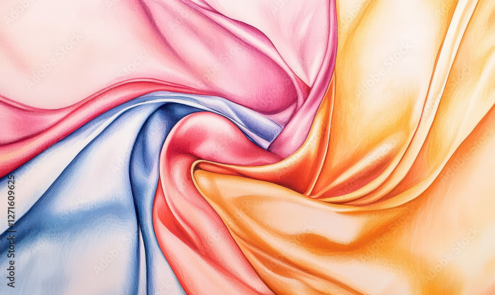 Poster exploring the elegance and fluidity of colorful fabrics: an abstract representation of texture and l