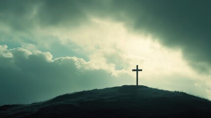 Obraz premium A mountain with a crucifix standing at the top, symbolizing faith, spirituality, and devotion. A serene and powerful representation of Christianity and reflection