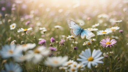Delicate Chamomile, Purple Wild Peas, and a Butterfly in the Morning Mist – Close-Up Nature Scene with Cool Blue Tones, Wide Landscape Format