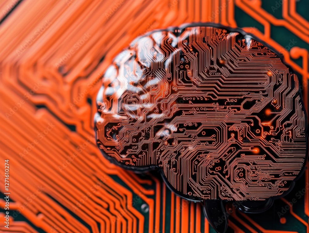 Poster a close-up view of a brain-shaped object made of circuitry, set against a vivid orange background, s