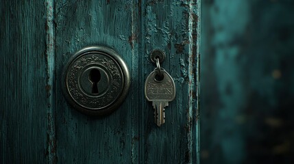 Fototapeta premium Antique lock and key on weathered teal door