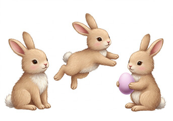 Fototapeta premium Cute fluffy bunny cutouts in different poses for Easter graphics, digital designs, invitations, and overlays.