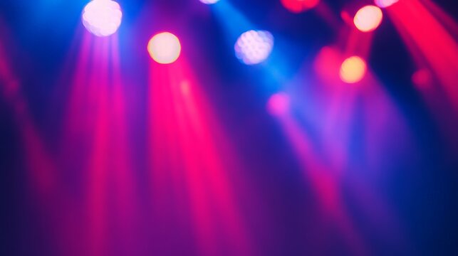 Abstract blurred TED-style talk background with dramatic red and blue stage lights, modern thought leadership concept.