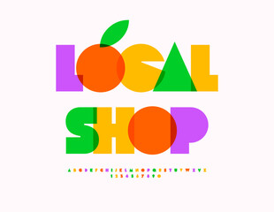 Vector bright Advertisement Local Shop. Big Geometric Font. Transparent Colorful Alphabet Letters and Numbers set.