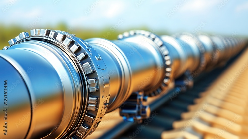 Poster a close-up of a shiny metal pipeline, showcasing its joints and reflective surface against a blurred
