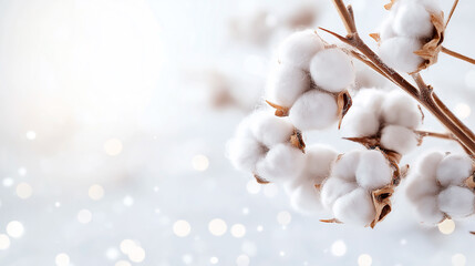 Close-up illustration of cotton in an organic field, sustainable agriculture, natural textures, detailed realism. minimalism, premium, space