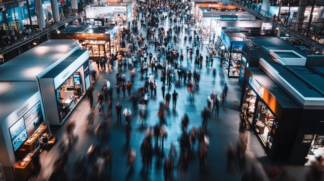 Aerial shot of a bustling international expo with attendees visiting different company booths, engaging in product demonstrations, high-energy corporate event.