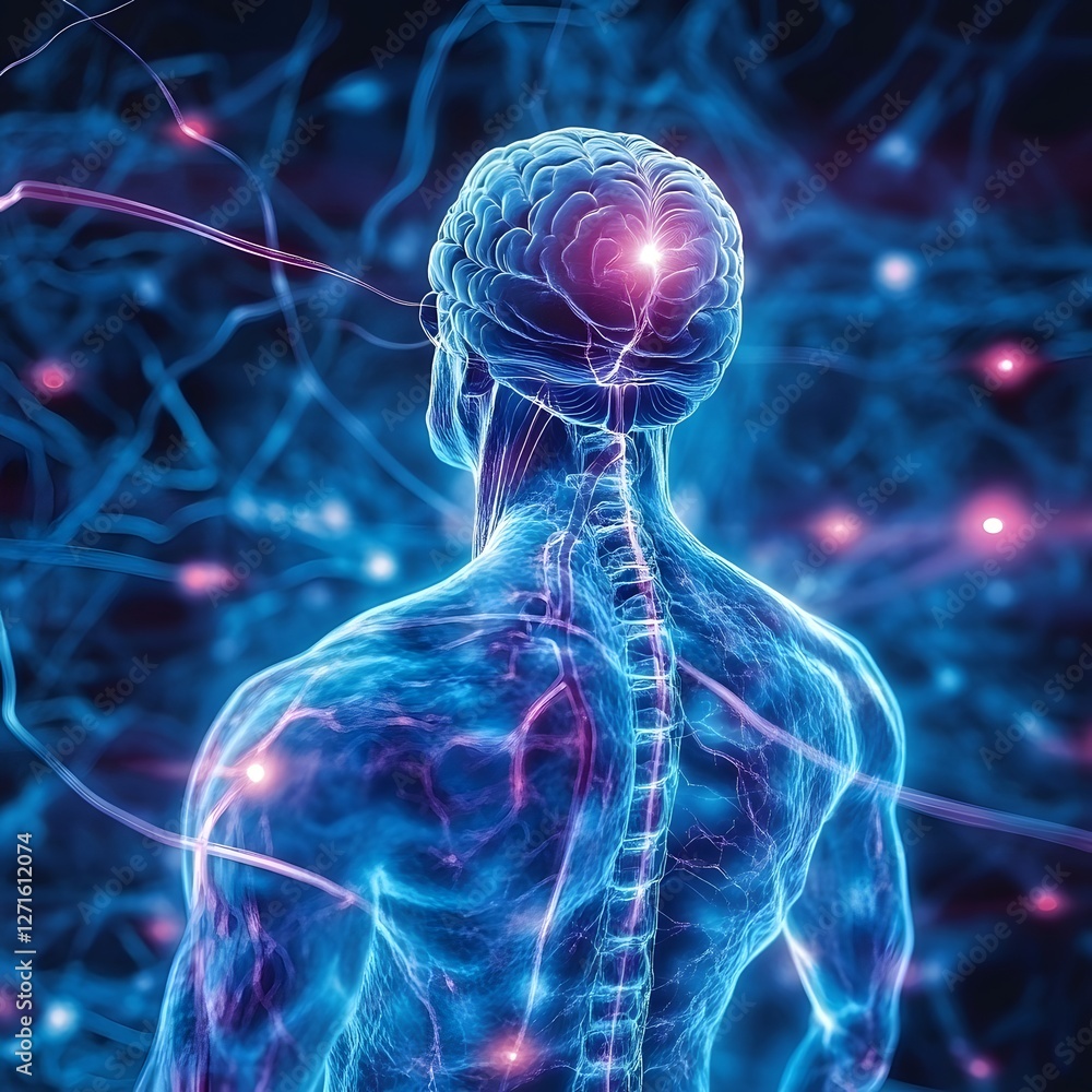 Poster neural pathways: an artistic representation of the human nervous system, showcasing a glowing brain 