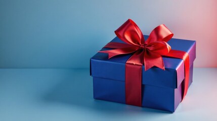 A luxuriously wrapped cobalt blue present box adorned with a vibrant crimson ribbon, a symbol of thoughtful gifting and festive celebrations.