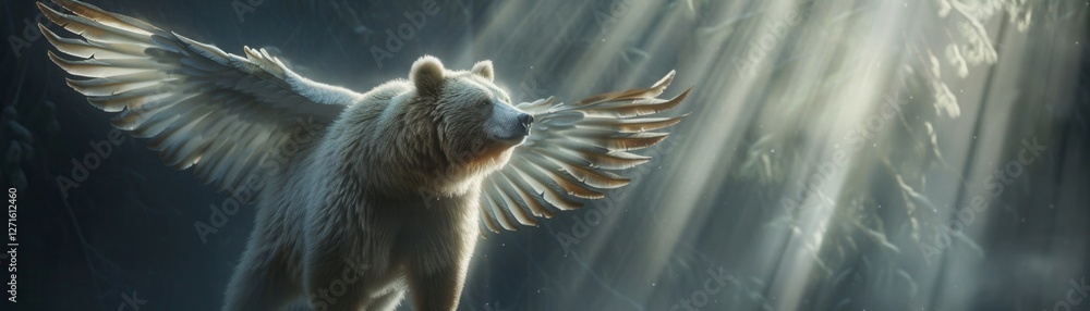 Poster a mystical bear with wings is illuminated by rays of light in a serene forest setting, creating a wh