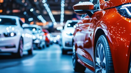 Obraz premium Automotive industry fair featuring electric vehicle showcases, self-driving car technology, and innovative transportation exhibits, the future of mobility.