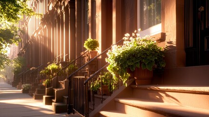 Morning light on elegant brownstone steps historic neighborhood photography urban environment serene view beauty