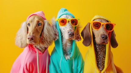 Afghan Hound Puppies in Colorful Outfits, A playful gathering of Afghan Hound puppies dressed in vibrant, mismatched attire against a cheerful backdrop, perfect for a festive birthday invitation.