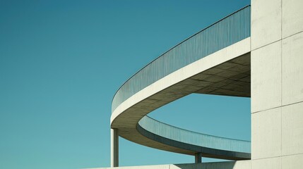 Fototapeta premium Curved Concrete Balcony with Glass Railings Against a Clear Blue Sky