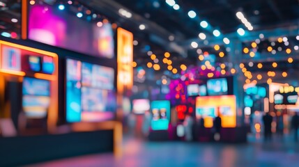 Blurred background of a technology expo with glowing digital screens, neon lights, and futuristic booth designs, innovation and tech focus.
