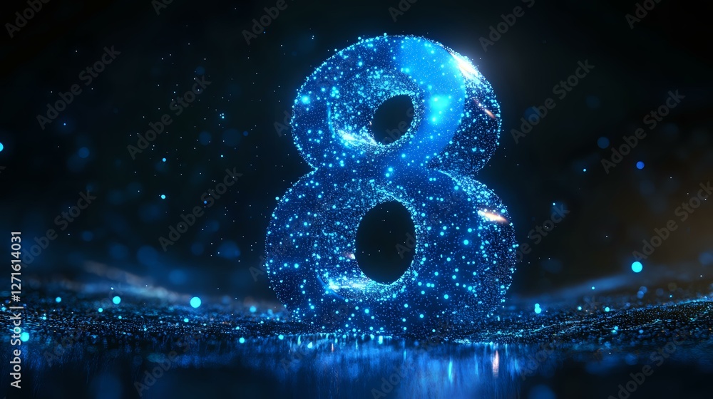 Poster glowing number eight composed of blue luminous particles and light effects on dark background with s