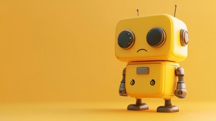 Sad yellow robot on yellow background.